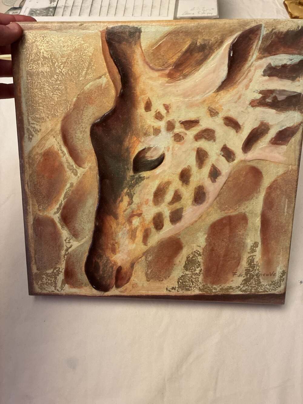 Lot of 2 F. de Villeneuve Signed Giraffe and Zebra Textured Canvas Art Set 11x11